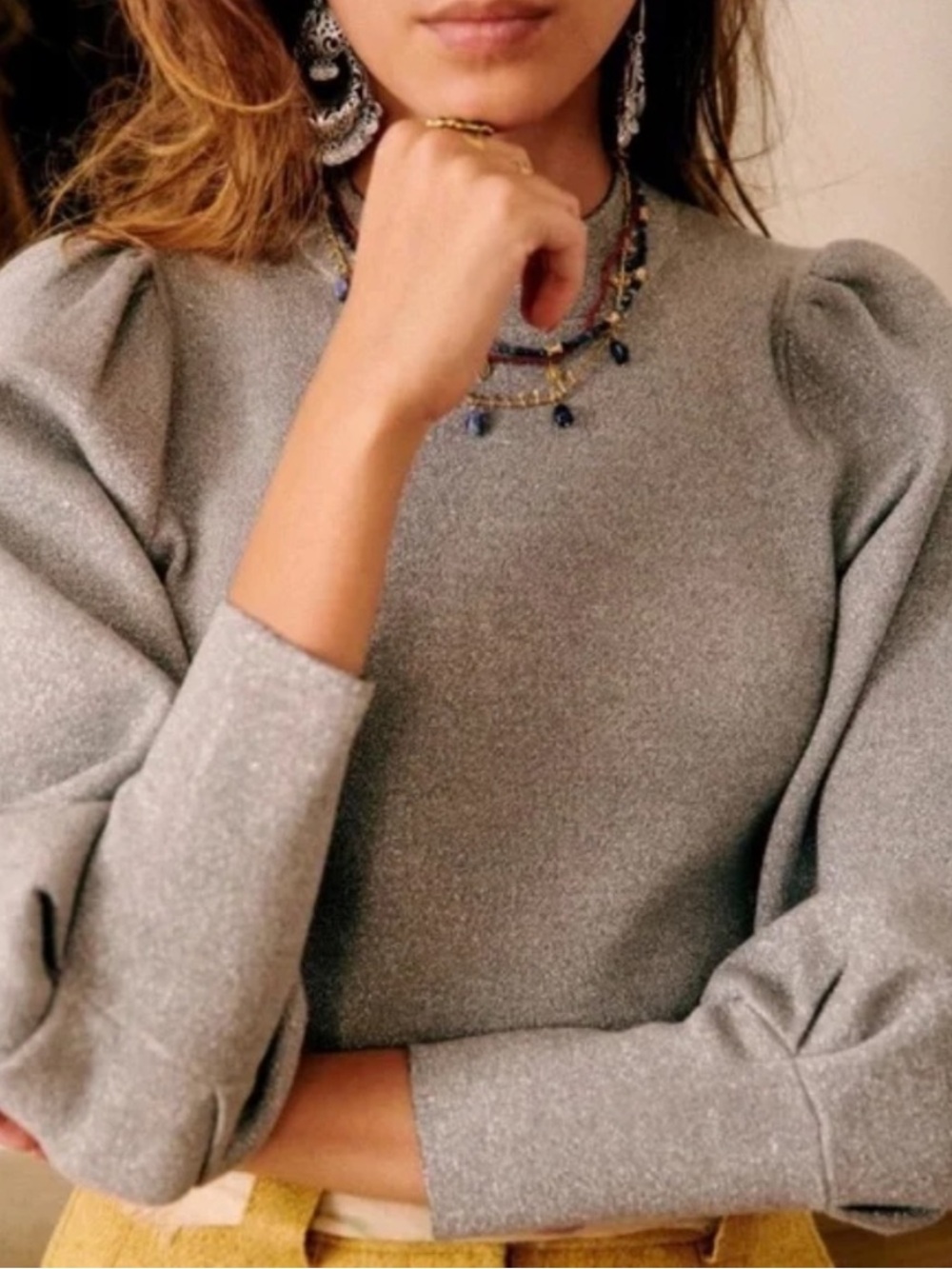 SEZANE NWT Metallic Silver Gray High Neck Puff Sleeve Danni Jumper Top XS/XXS